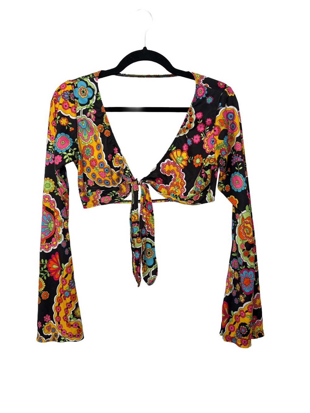 Leg Avenue’s 70s Style Tie-Front Paisley Long Sleeve Crop Top